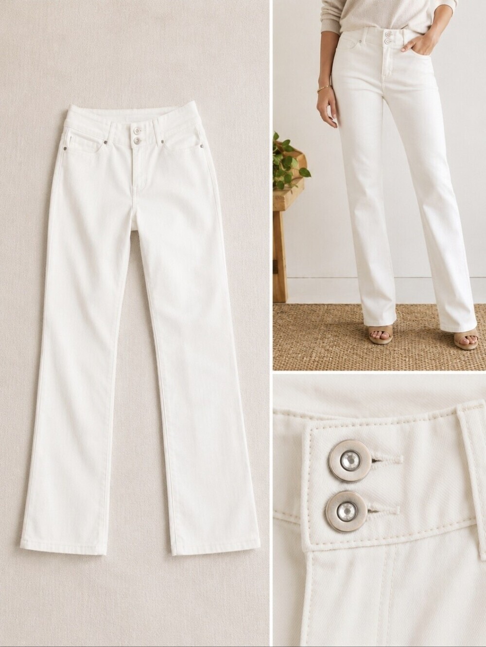 Boston Proper Ivory Straight Leg Jeans Crystal Double Button Stretch 4
